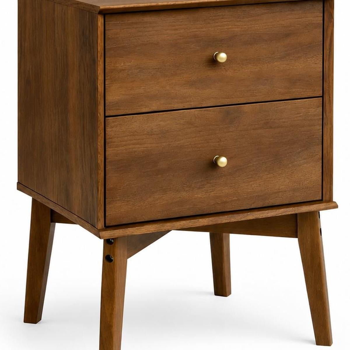 26" Walnut Wood Two Drawer Nightstand