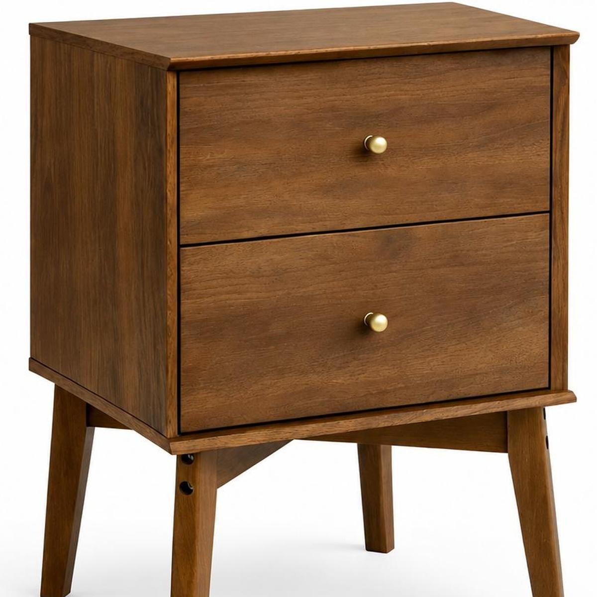26" Walnut Wood Two Drawer Nightstand