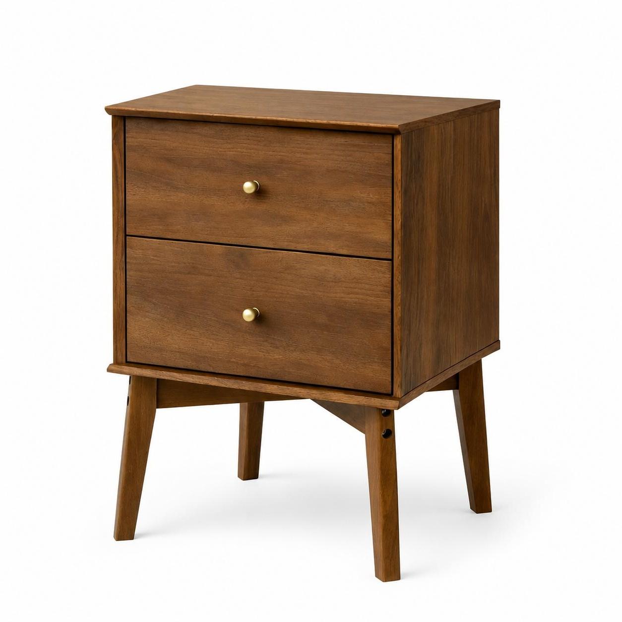 26" Walnut Wood Two Drawer Nightstand