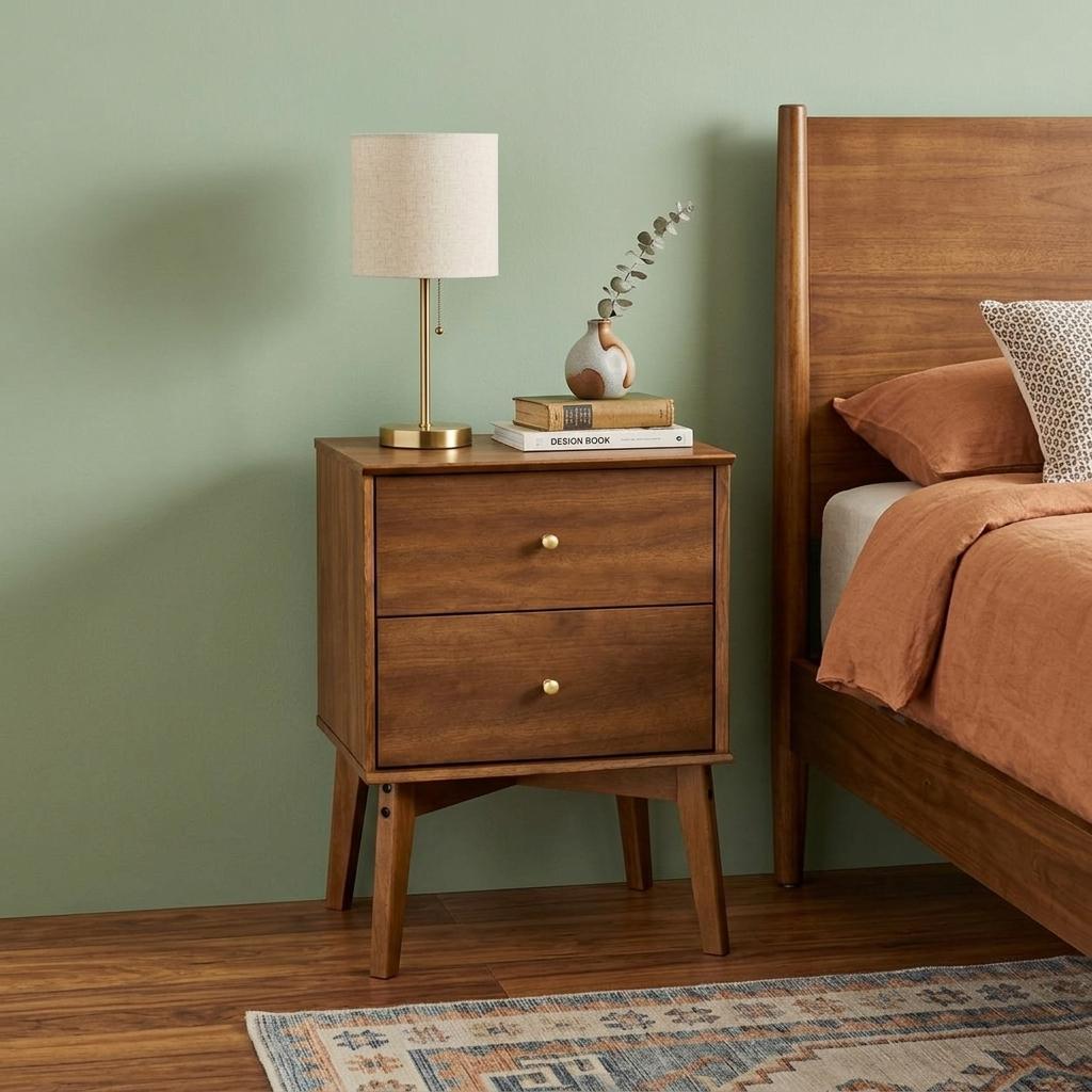 26" Walnut Wood Two Drawer Nightstand