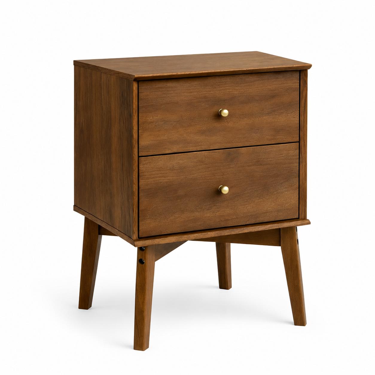 26" Walnut Wood Two Drawer Nightstand