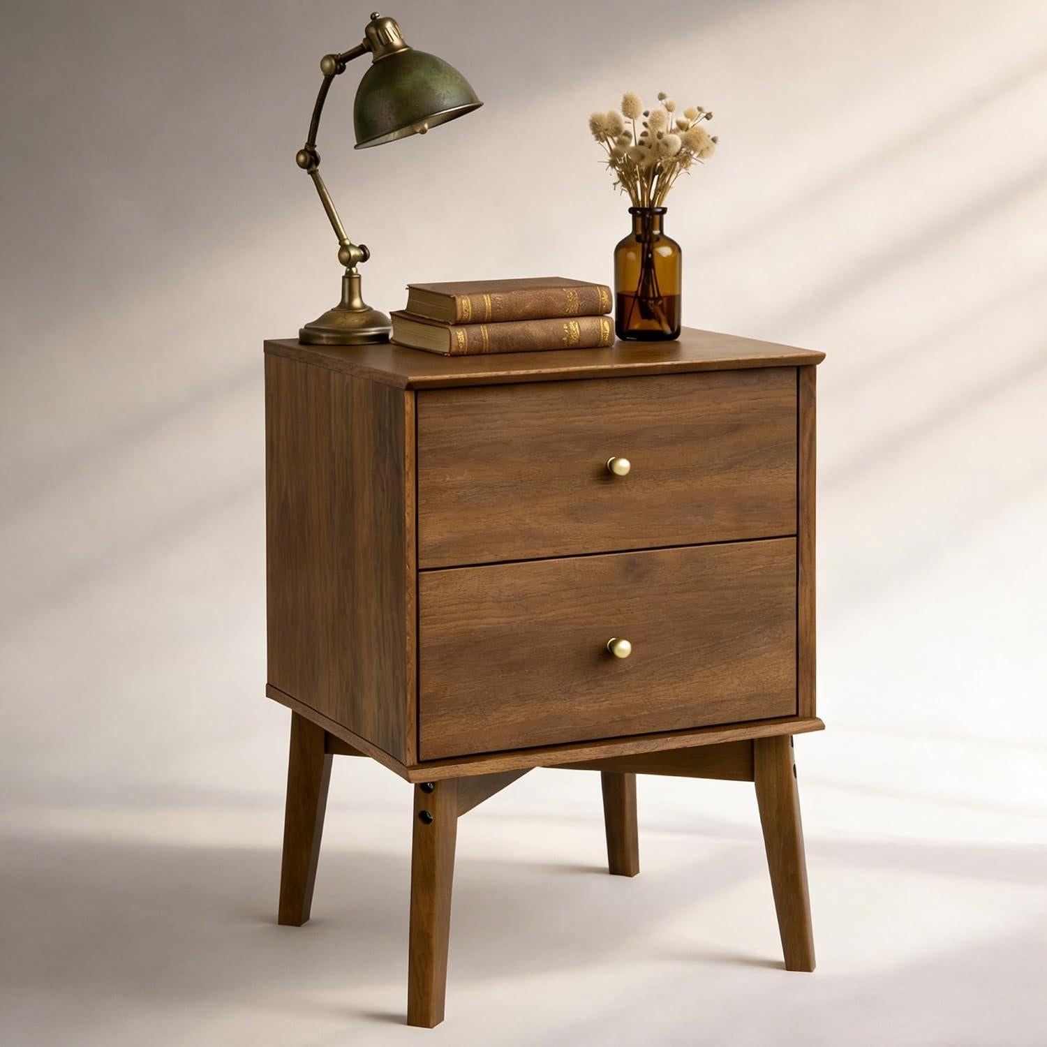 26" Walnut Wood Two Drawer Nightstand