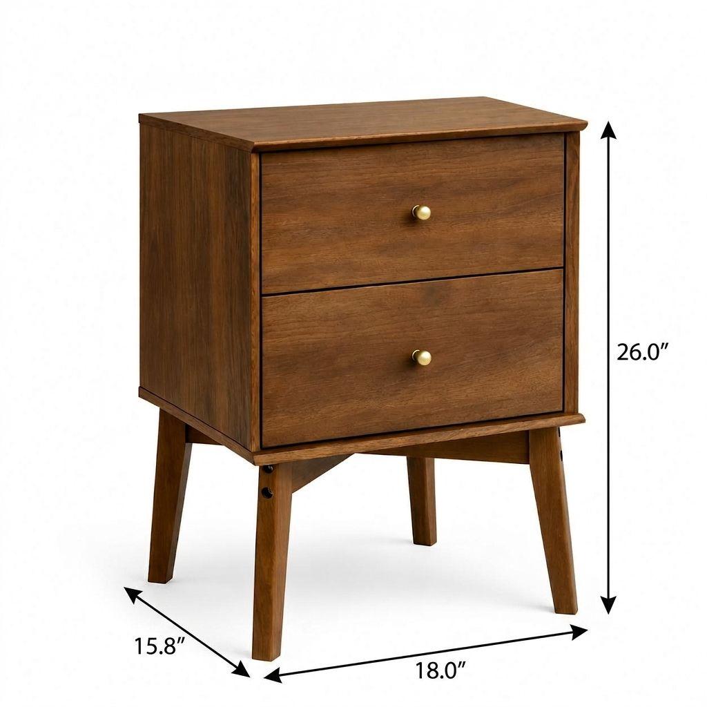 26" Walnut Wood Two Drawer Nightstand