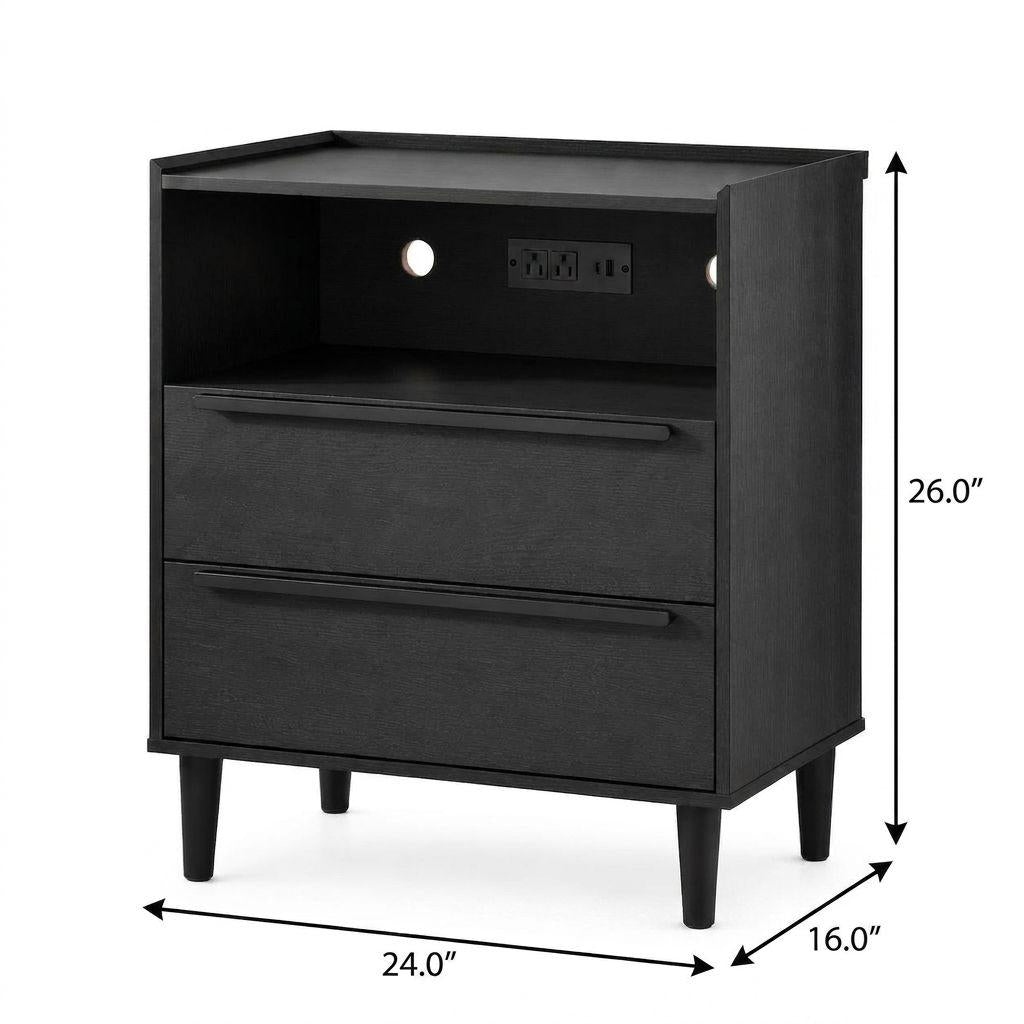 26" Black Wood Two Drawer Nightstand with USB Port and Integrated Tech