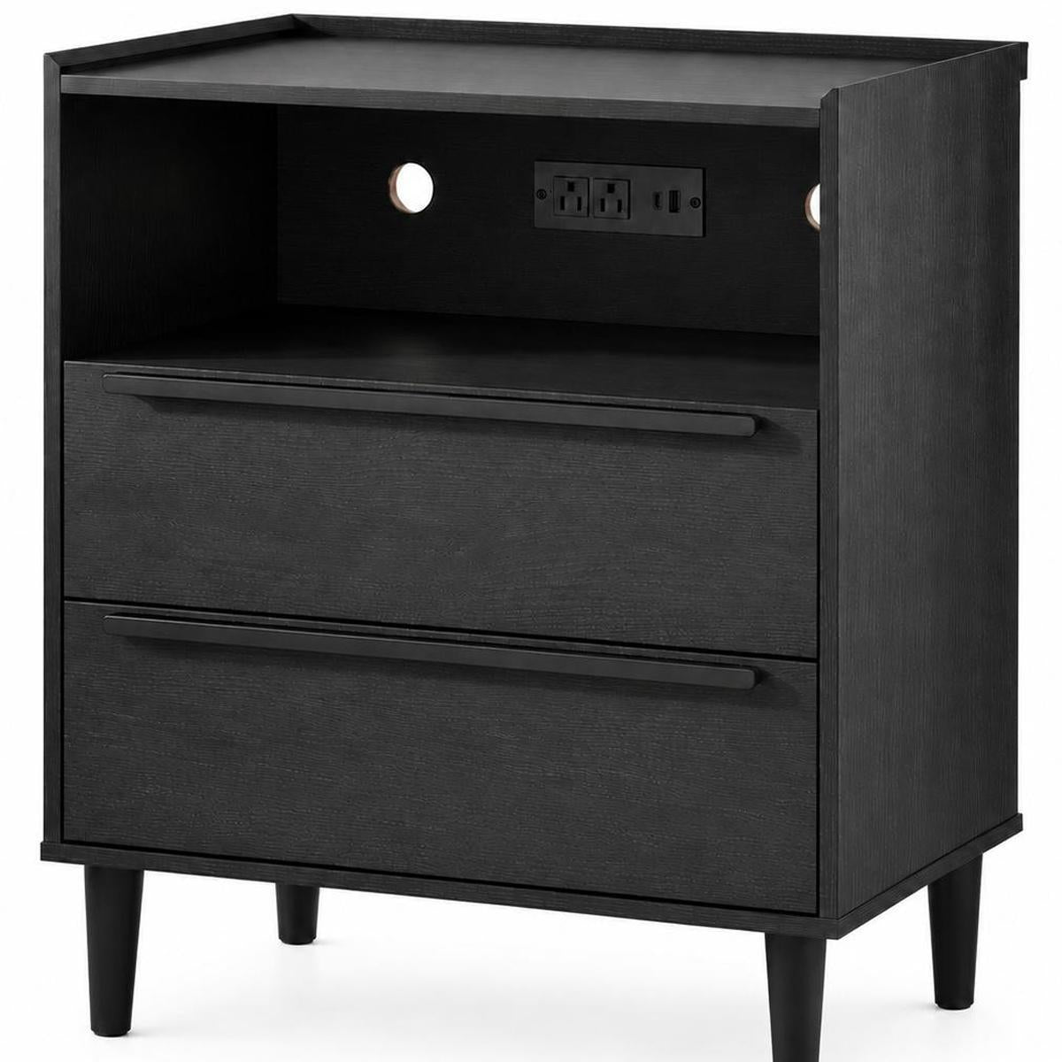 26" Black Wood Two Drawer Nightstand with USB Port and Integrated Tech