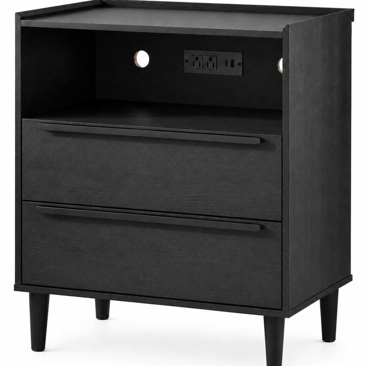 26" Black Wood Two Drawer Nightstand with USB Port and Integrated Tech