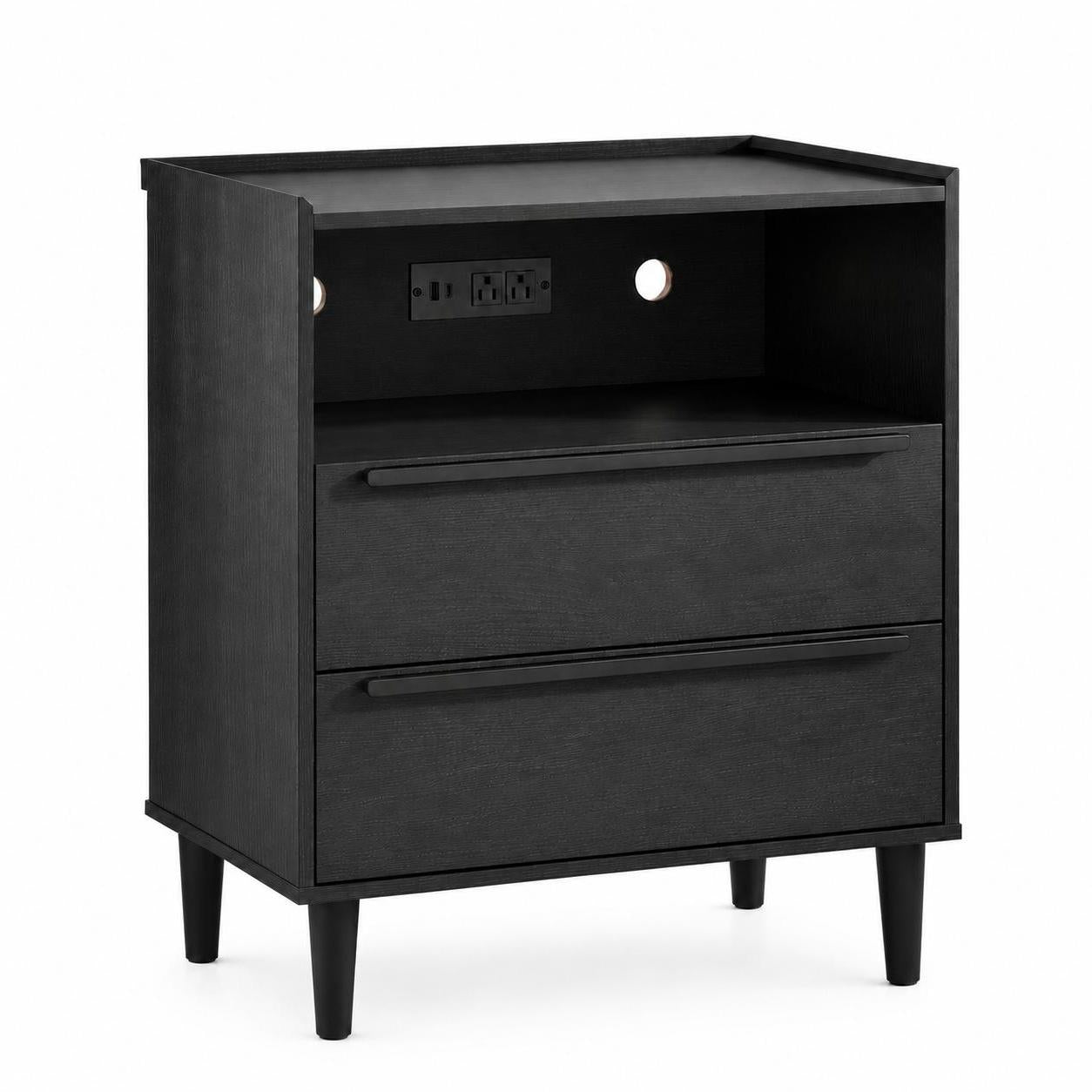 26" Black Wood Two Drawer Nightstand with USB Port and Integrated Tech