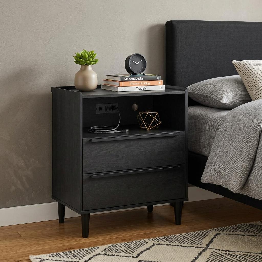 26" Black Wood Two Drawer Nightstand with USB Port and Integrated Tech