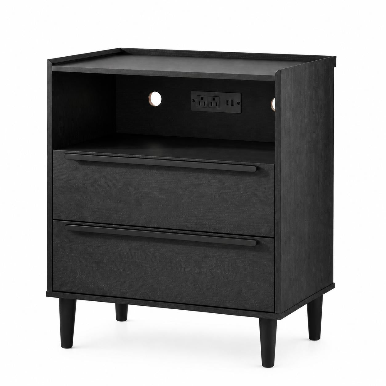 26" Black Wood Two Drawer Nightstand with USB Port and Integrated Tech