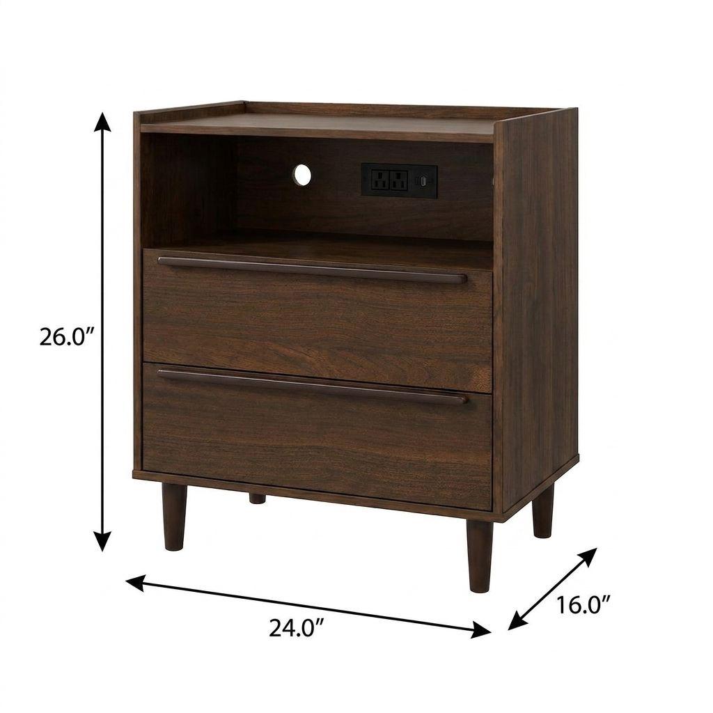 26" Espresso Wood Two Drawer Nightstand with USB Port and Integrated Tech