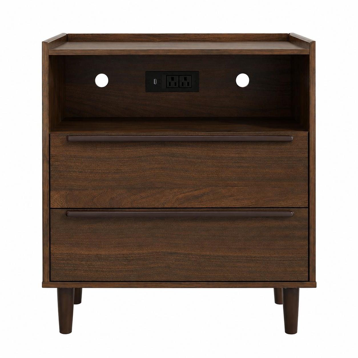 26" Espresso Wood Two Drawer Nightstand with USB Port and Integrated Tech