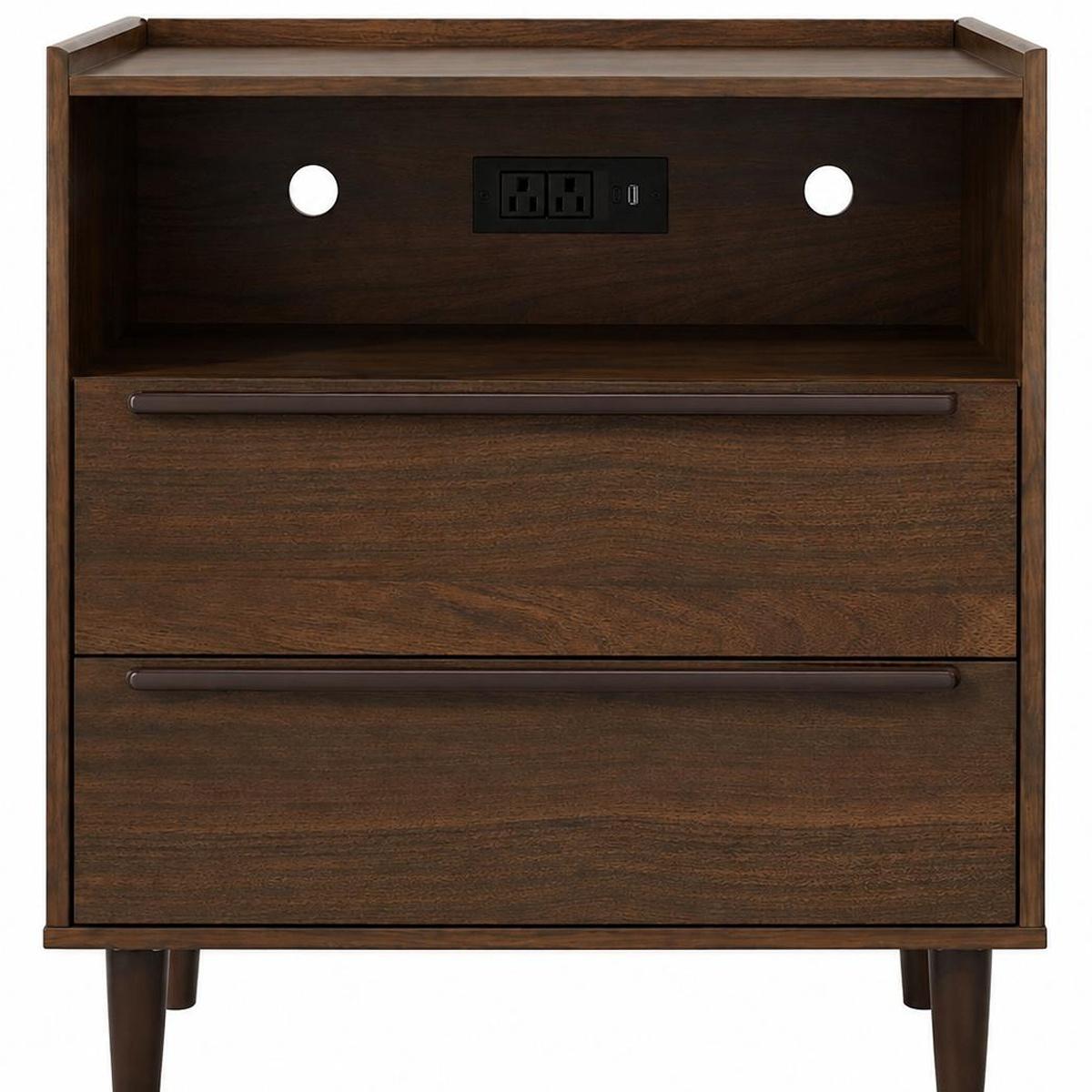 26" Espresso Wood Two Drawer Nightstand with USB Port and Integrated Tech