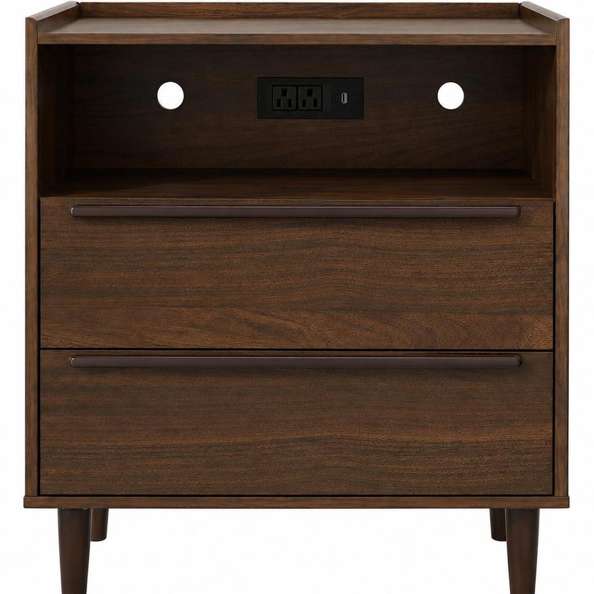 26" Espresso Wood Two Drawer Nightstand with USB Port and Integrated Tech