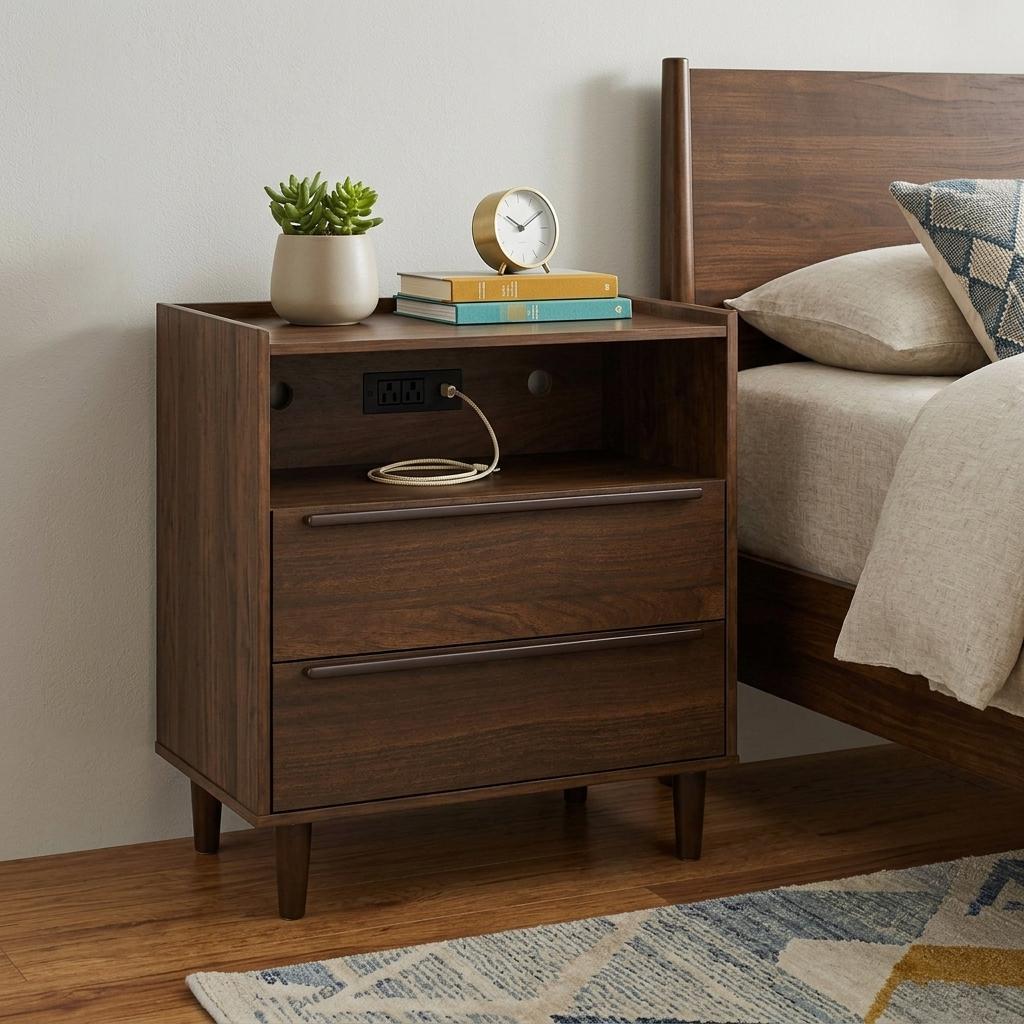 26" Espresso Wood Two Drawer Nightstand with USB Port and Integrated Tech
