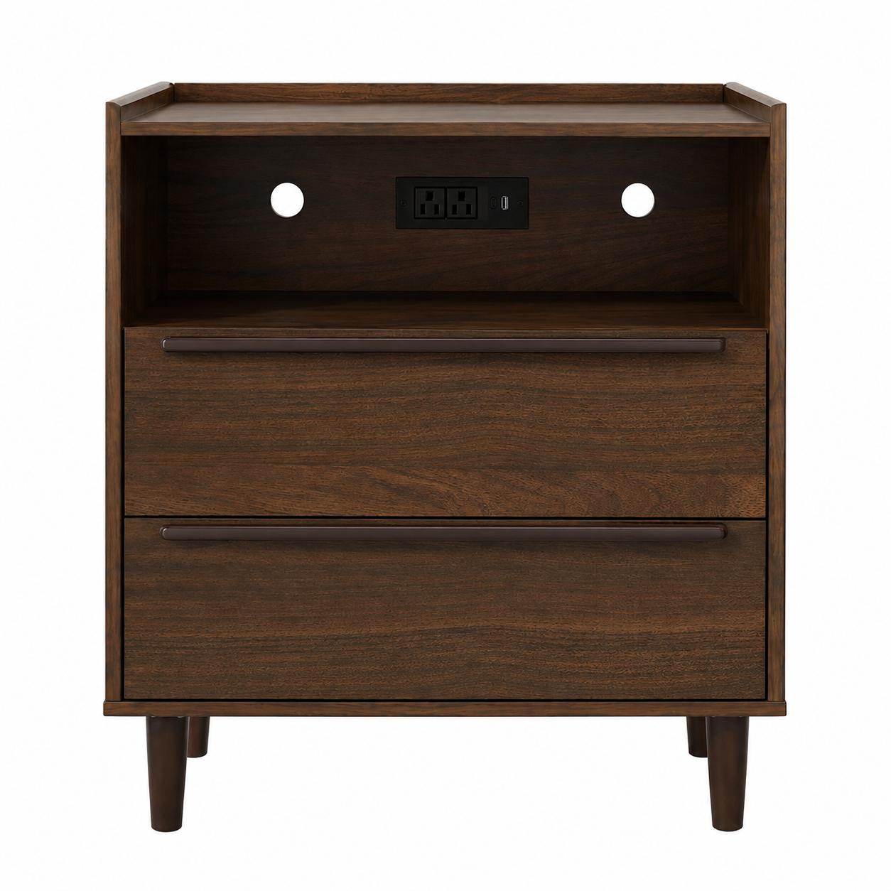 26" Espresso Wood Two Drawer Nightstand with USB Port and Integrated Tech