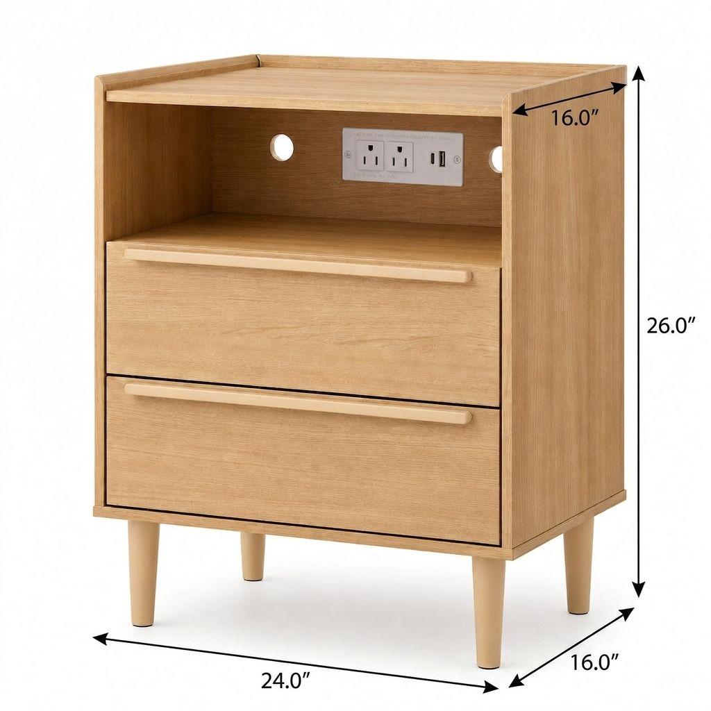 26" Oak Wood Two Drawer Nightstand with USB Port and Integrated Tech