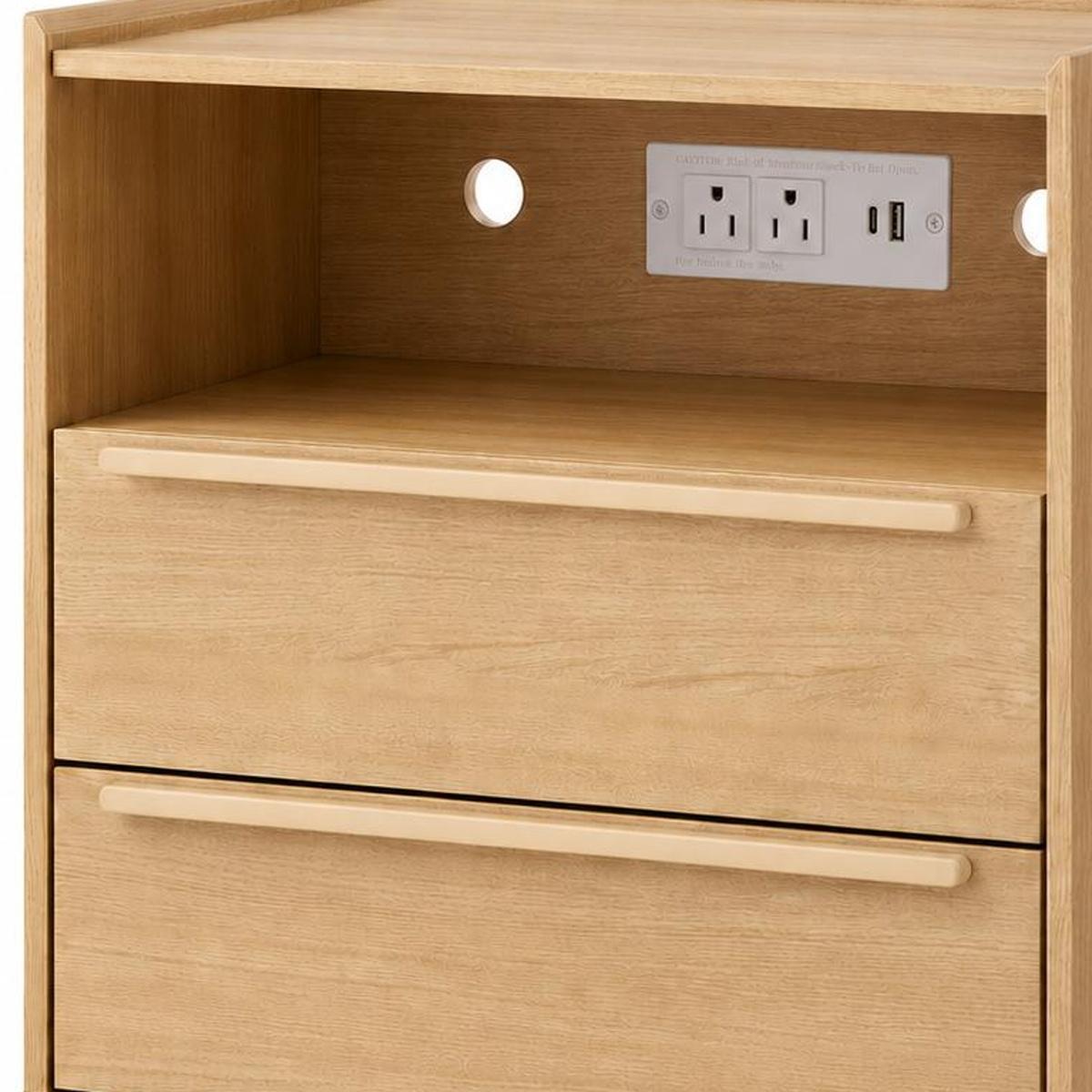 26" Oak Wood Two Drawer Nightstand with USB Port and Integrated Tech