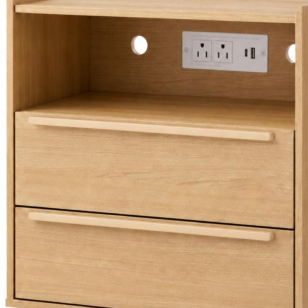 26" Oak Wood Two Drawer Nightstand with USB Port and Integrated Tech