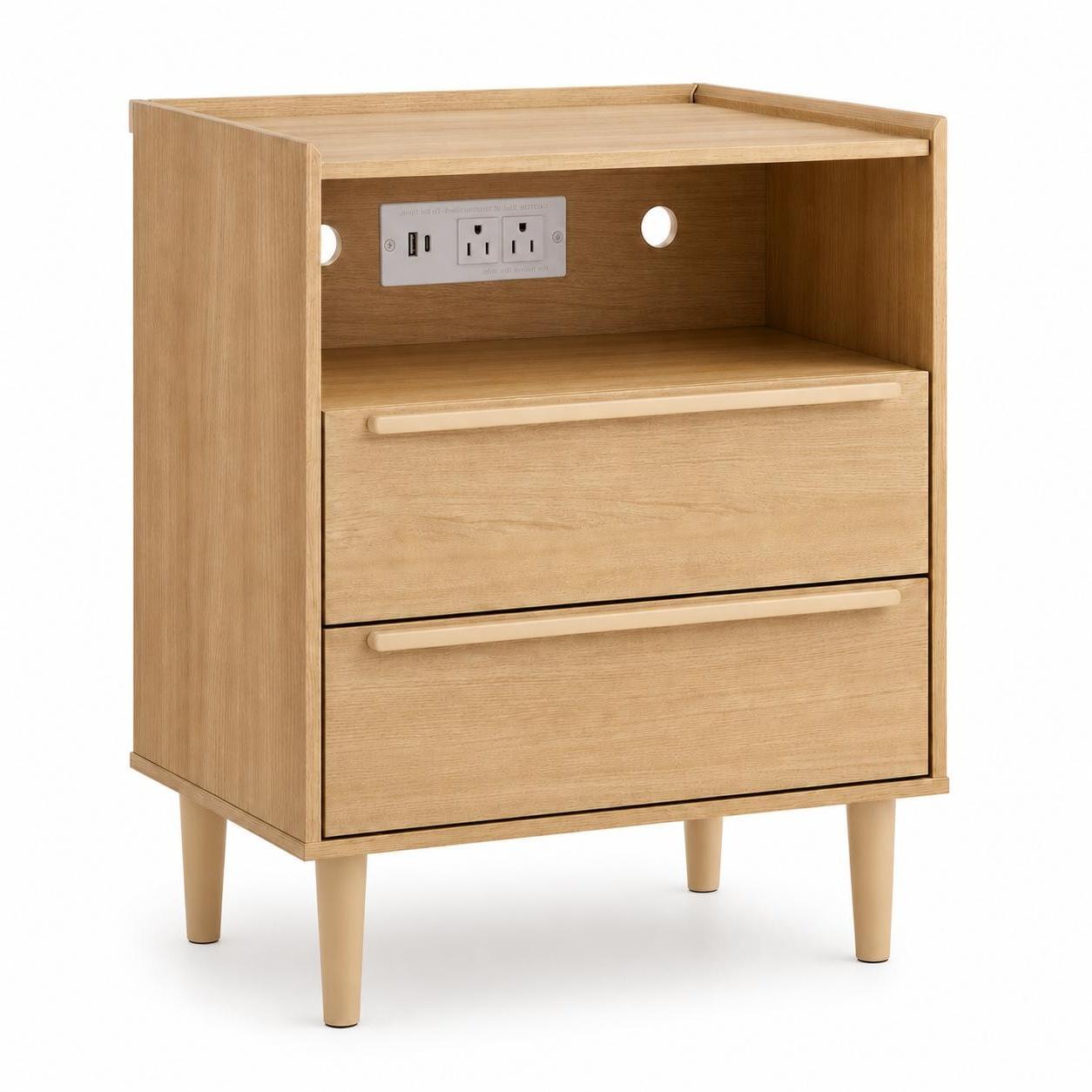 26" Oak Wood Two Drawer Nightstand with USB Port and Integrated Tech