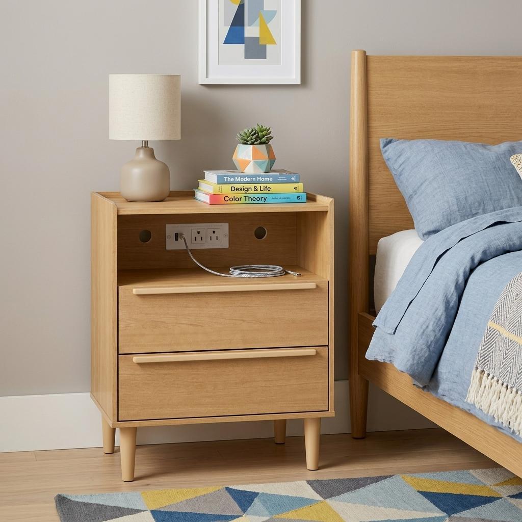 26" Oak Wood Two Drawer Nightstand with USB Port and Integrated Tech