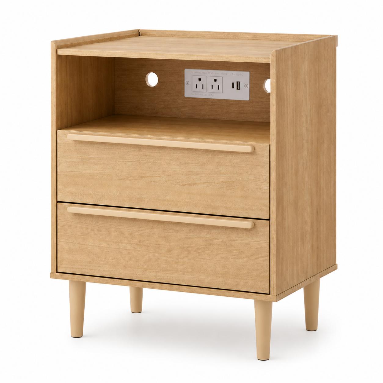 26" Oak Wood Two Drawer Nightstand with USB Port and Integrated Tech