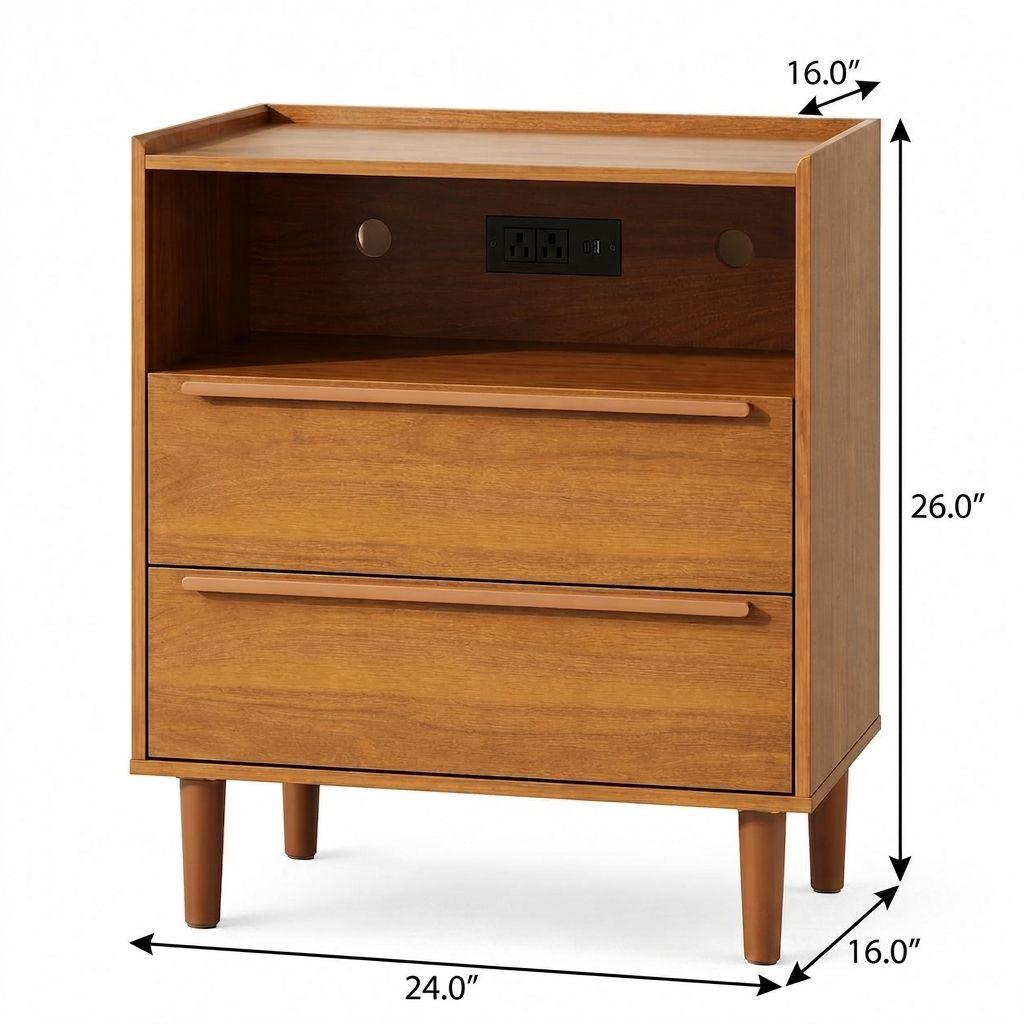 26" Walnut Wood Two Drawer Nightstand with USB Port and Integrated Tech