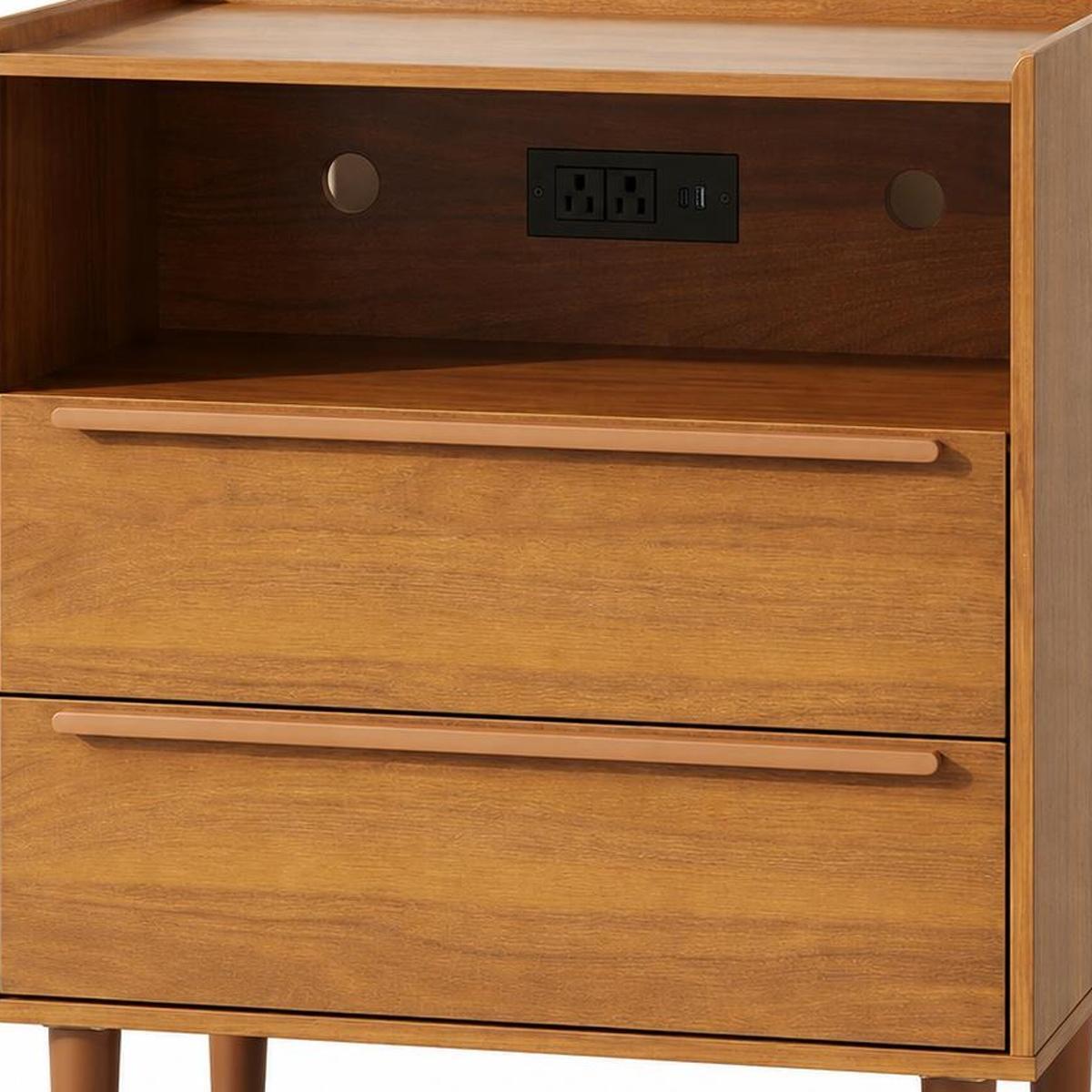 26" Walnut Wood Two Drawer Nightstand with USB Port and Integrated Tech