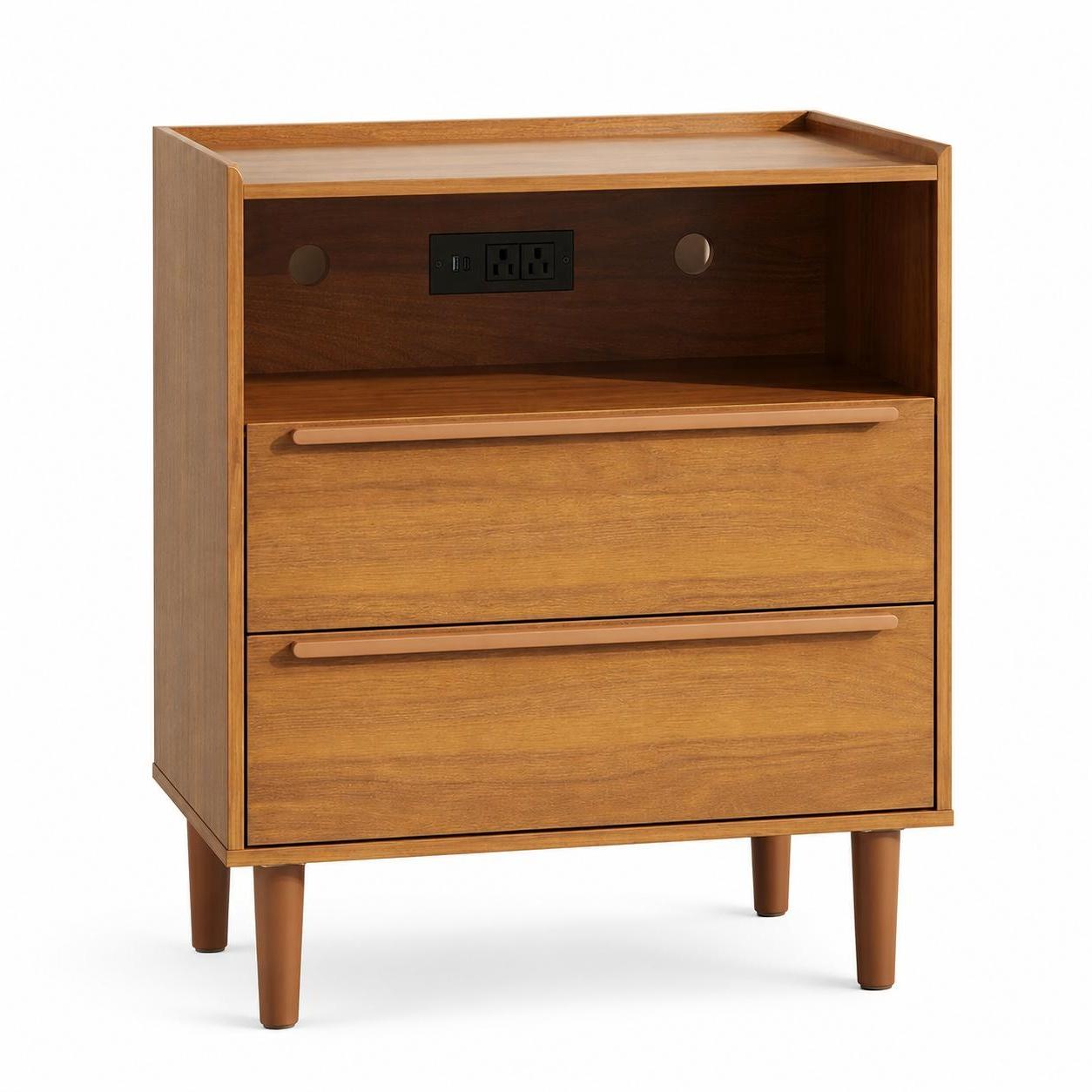 26" Walnut Wood Two Drawer Nightstand with USB Port and Integrated Tech