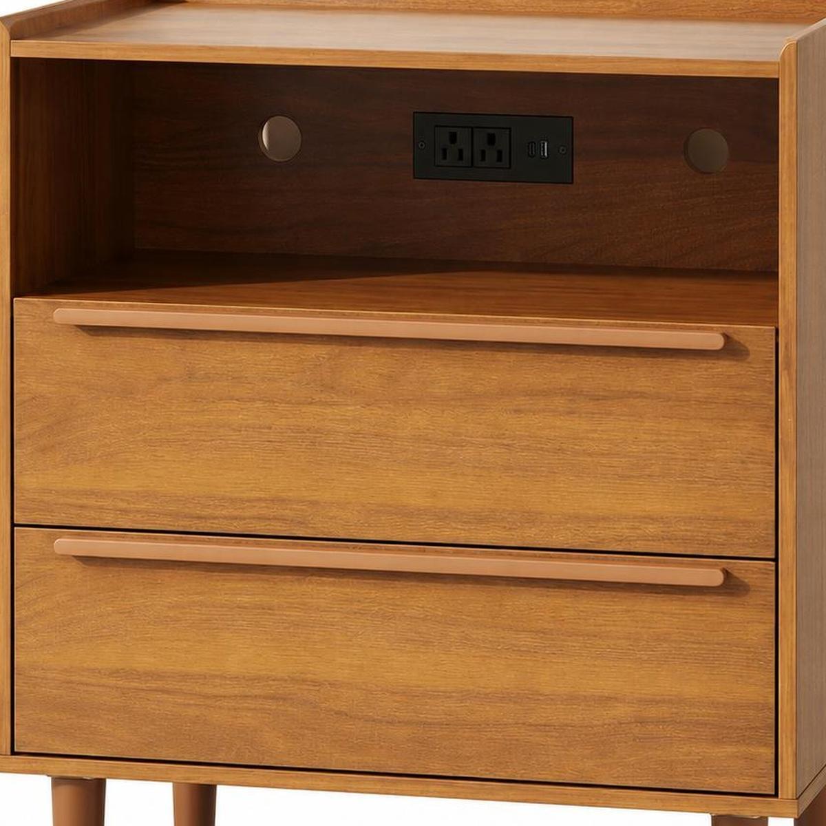 26" Walnut Wood Two Drawer Nightstand with USB Port and Integrated Tech