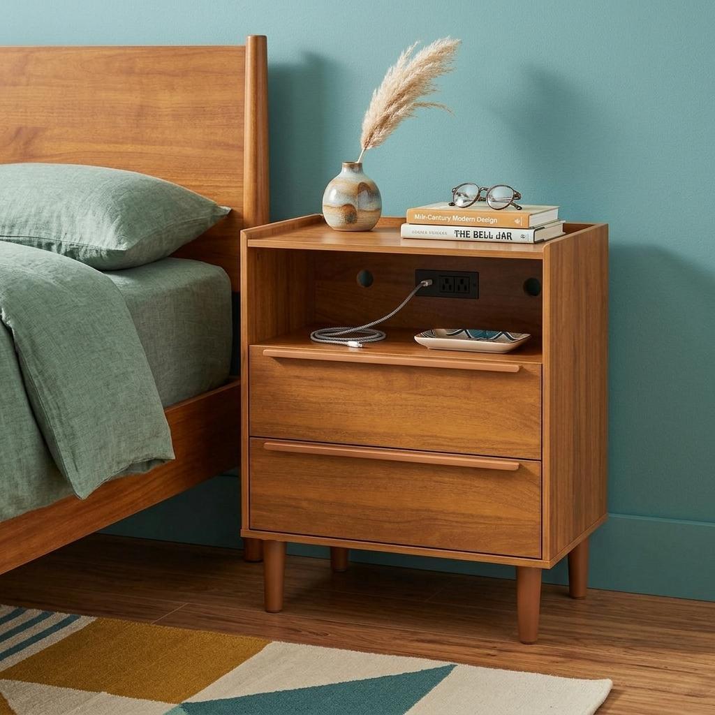 26" Walnut Wood Two Drawer Nightstand with USB Port and Integrated Tech