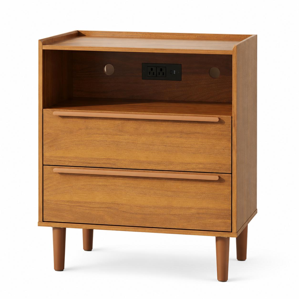 26" Walnut Wood Two Drawer Nightstand with USB Port and Integrated Tech