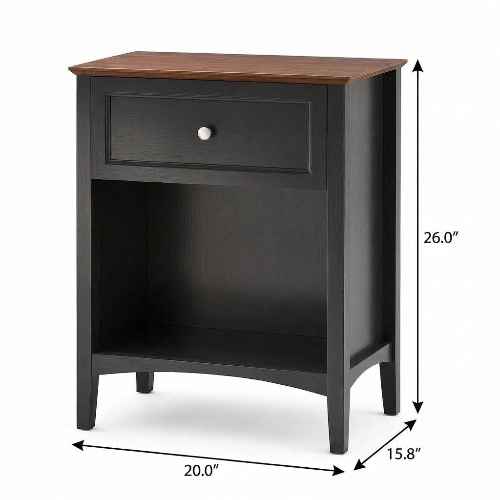 26" Black Wood One Drawer Nightstand