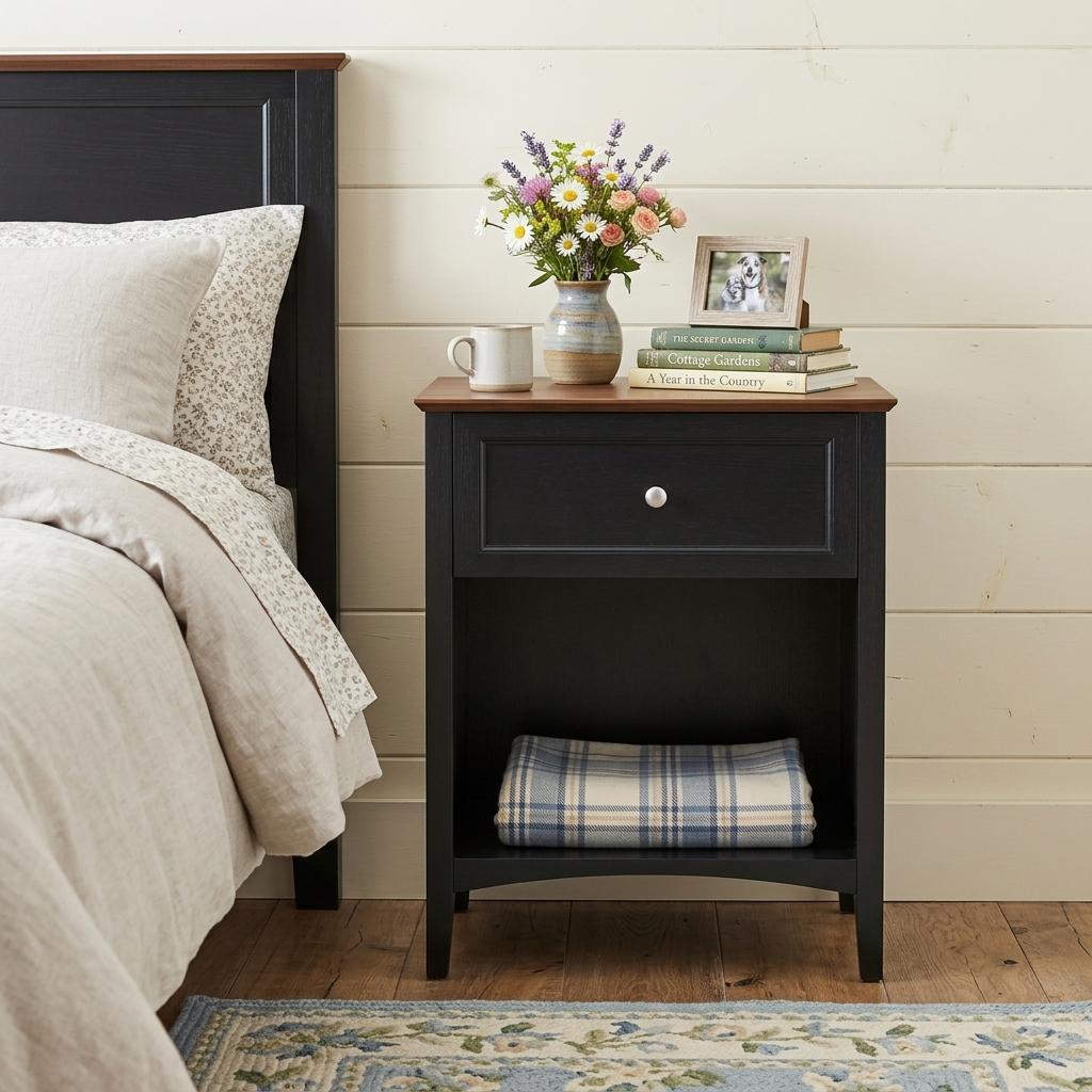 26" Black Wood One Drawer Nightstand