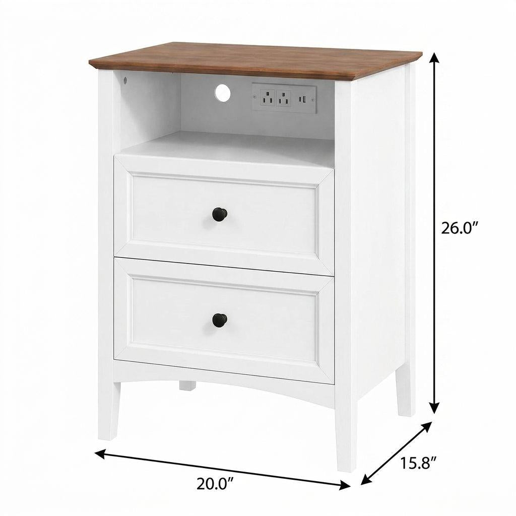 26" White Wood Two Drawer Nightstand with USB Port and Integrated Tech