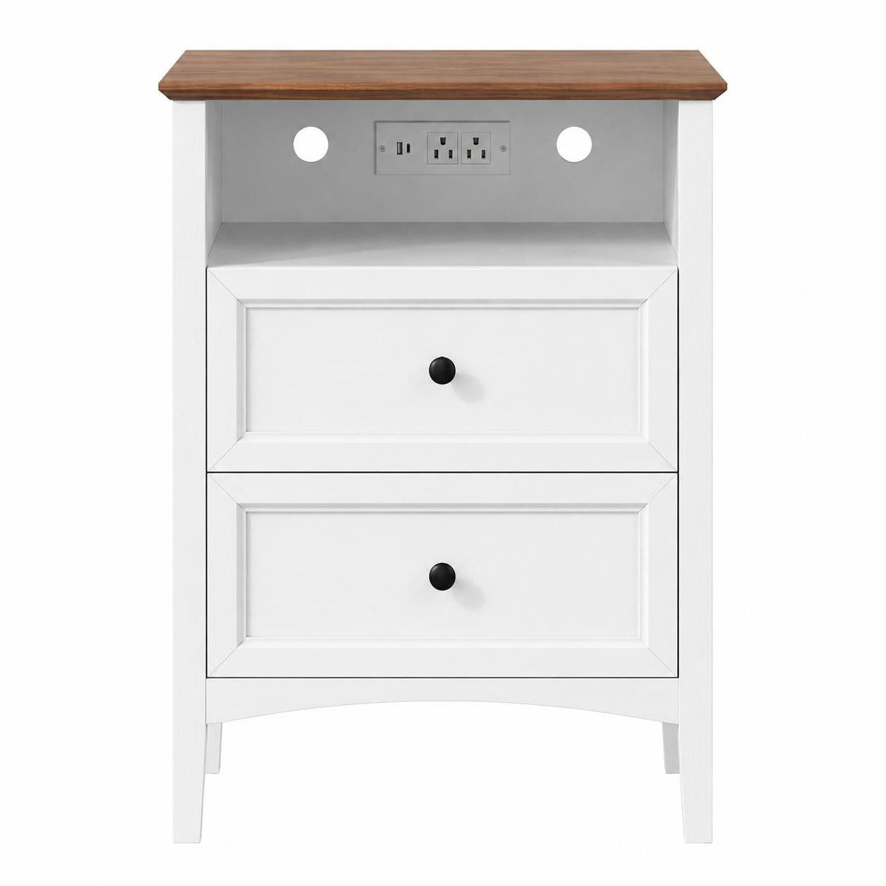 26" White Wood Two Drawer Nightstand with USB Port and Integrated Tech