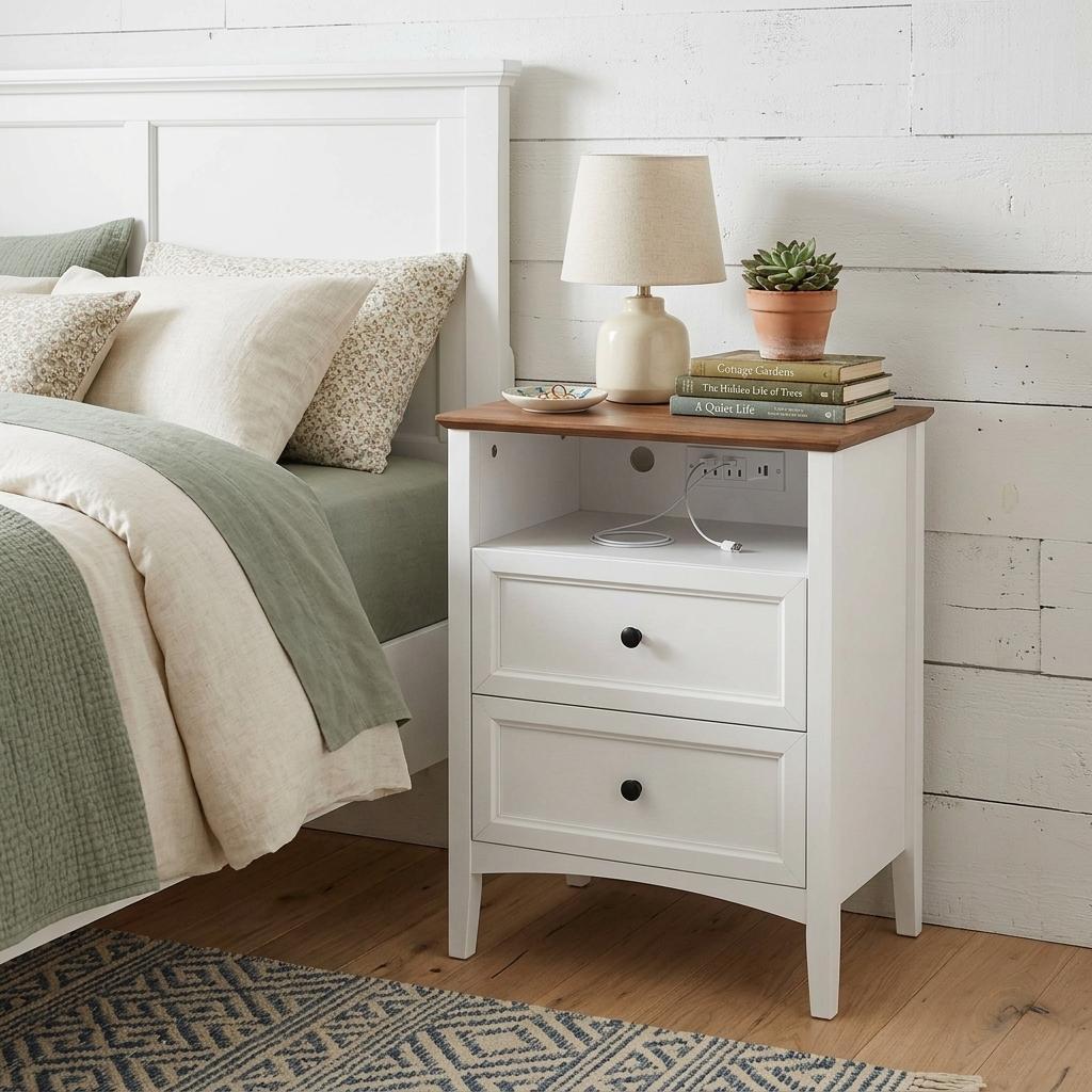 26" White Wood Two Drawer Nightstand with USB Port and Integrated Tech