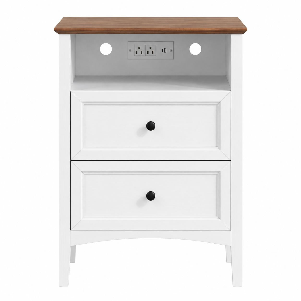 26" White Wood Two Drawer Nightstand with USB Port and Integrated Tech