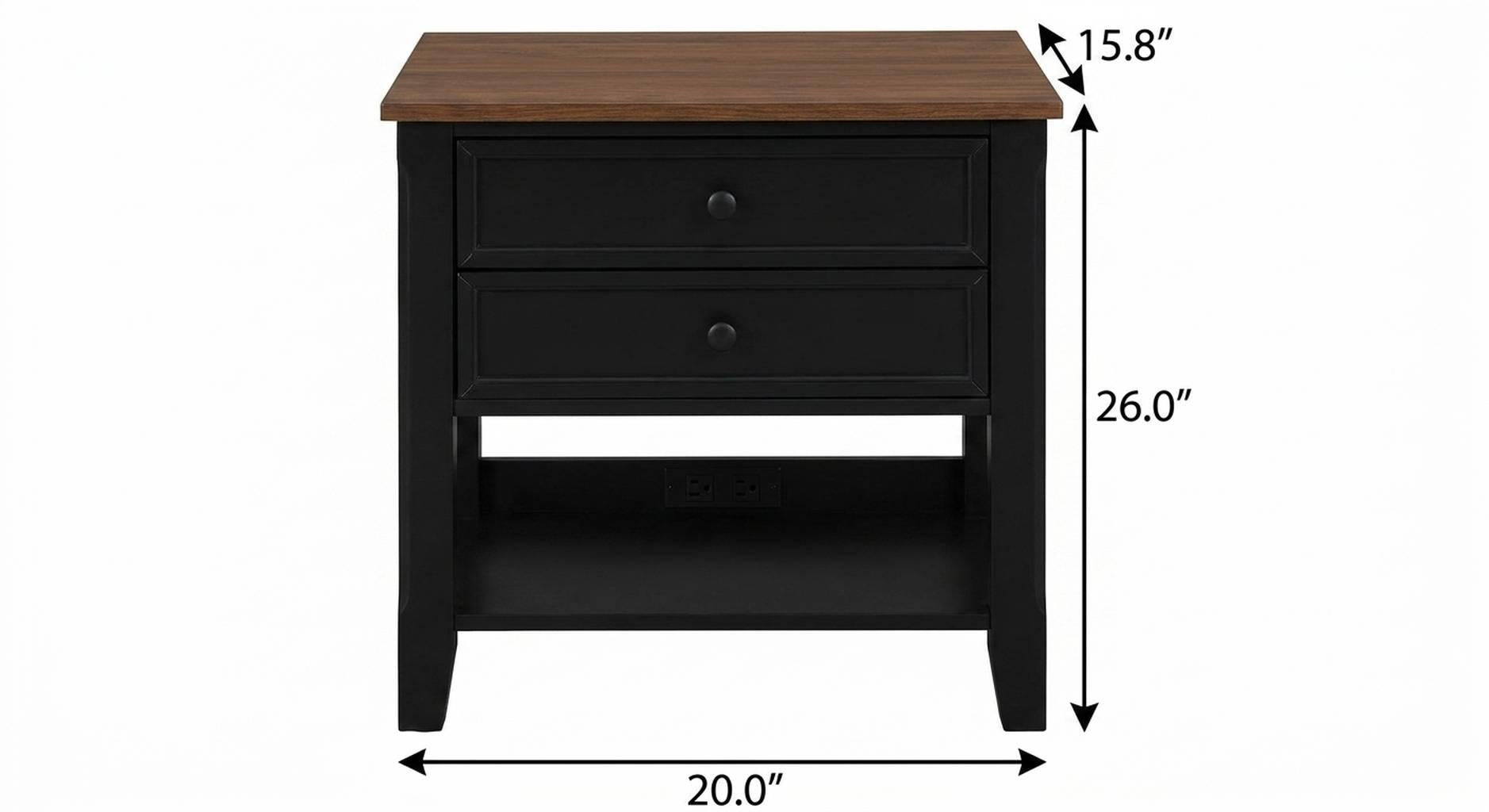 26" Black Wood Two Drawer Nightstand with USB Port and Integrated Tech
