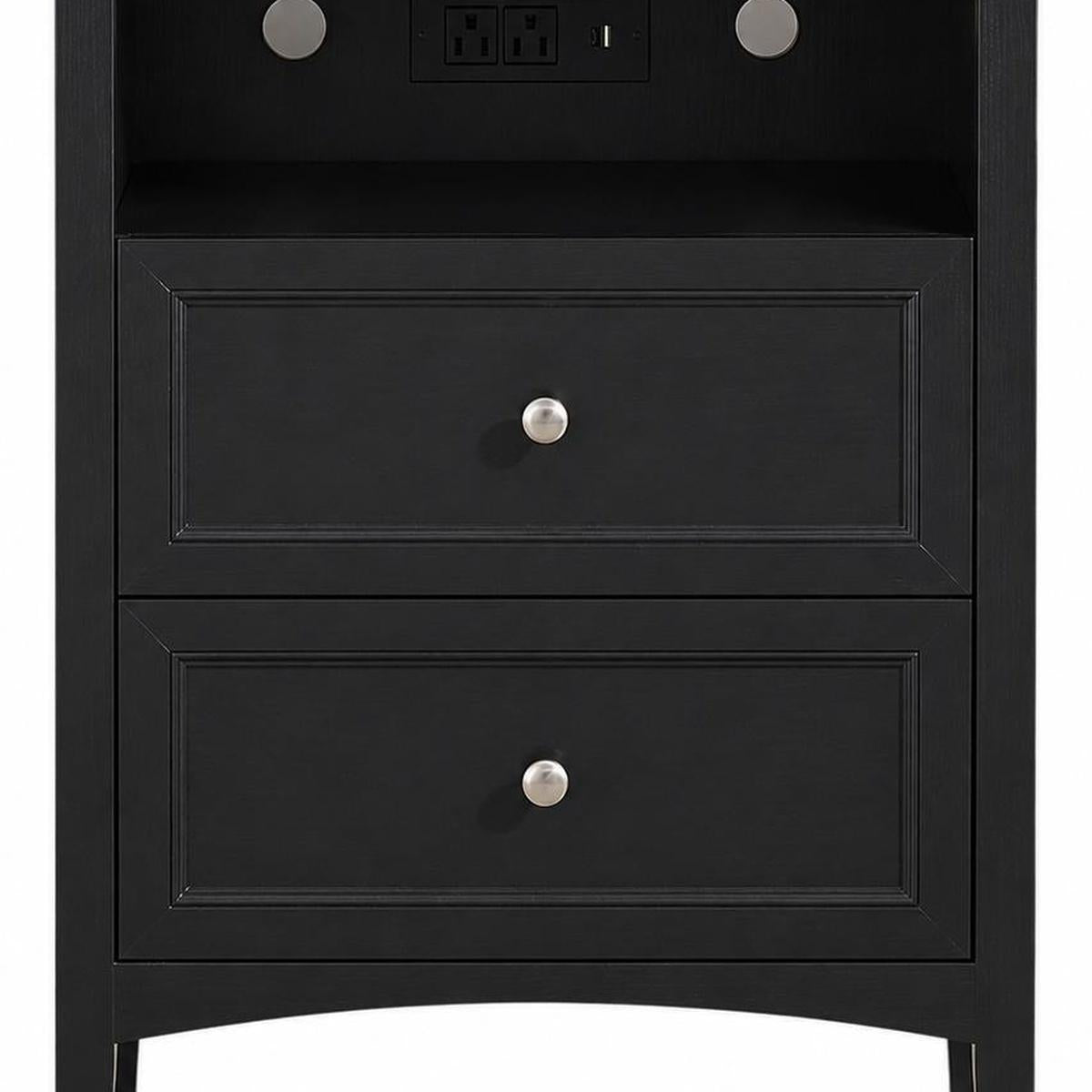 26" Black Wood Two Drawer Nightstand with USB Port and Integrated Tech