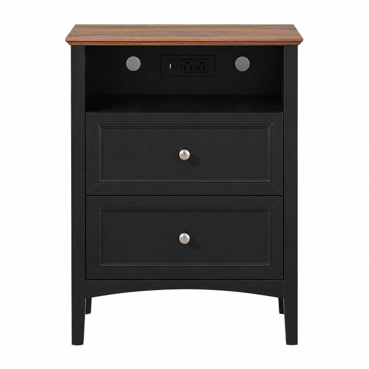 26" Black Wood Two Drawer Nightstand with USB Port and Integrated Tech