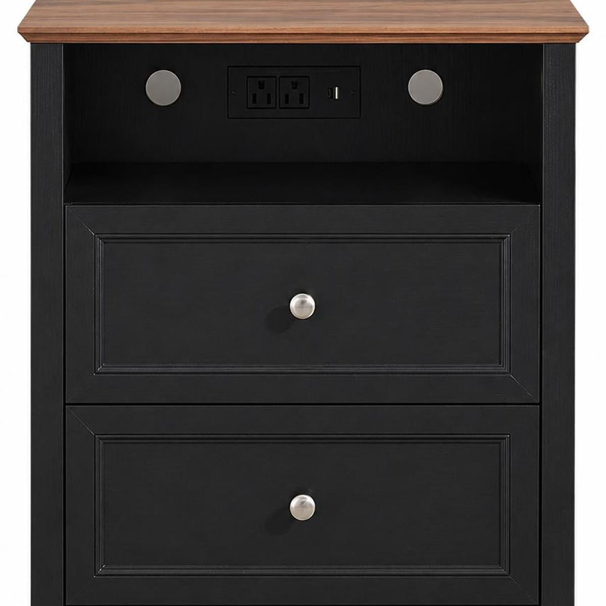 26" Black Wood Two Drawer Nightstand with USB Port and Integrated Tech
