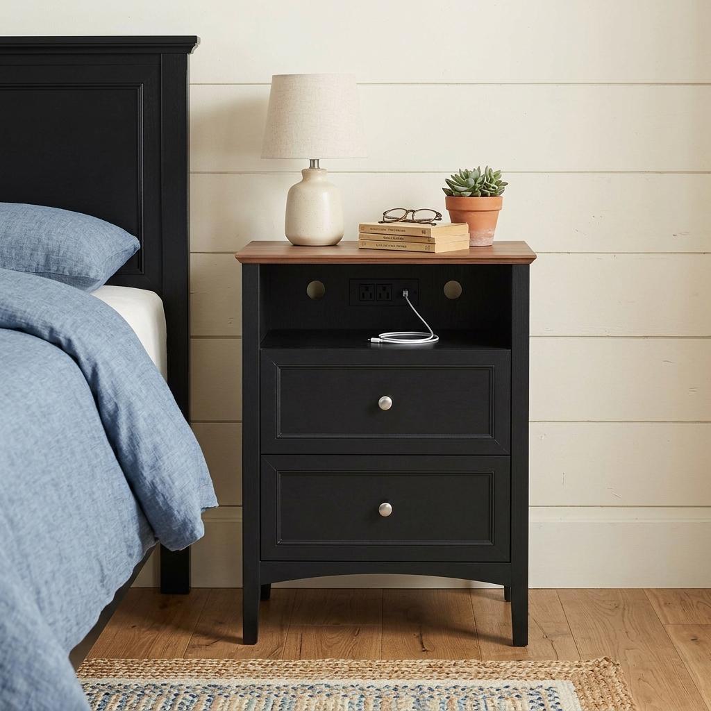26" Black Wood Two Drawer Nightstand with USB Port and Integrated Tech
