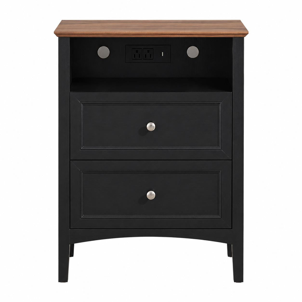 26" Black Wood Two Drawer Nightstand with USB Port and Integrated Tech