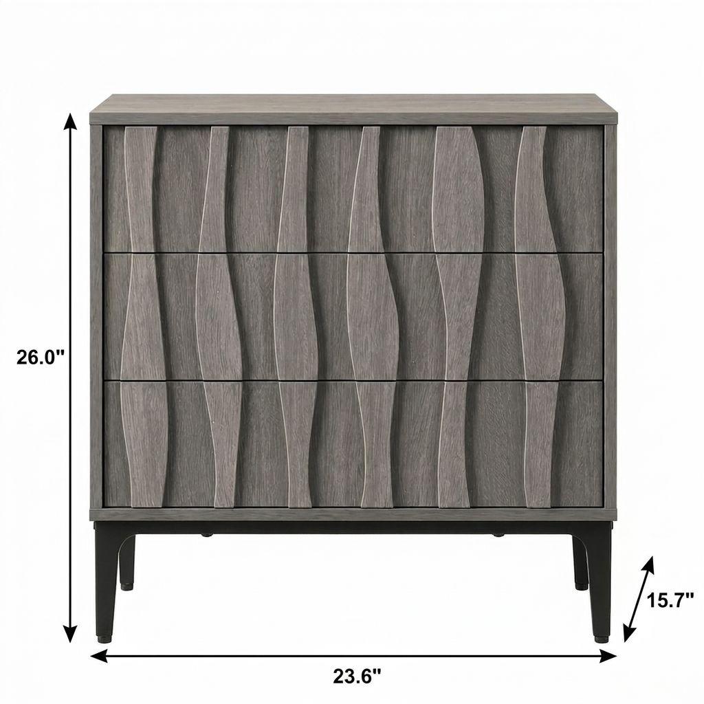 26" Gray Wood Carved Abstract Three Drawer Nightstand