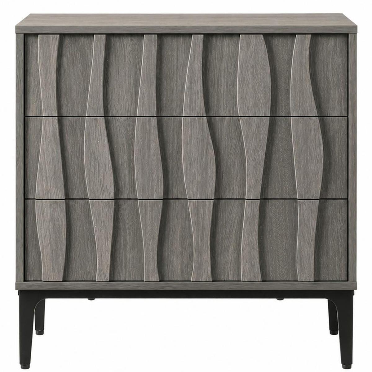 26" Gray Wood Carved Abstract Three Drawer Nightstand