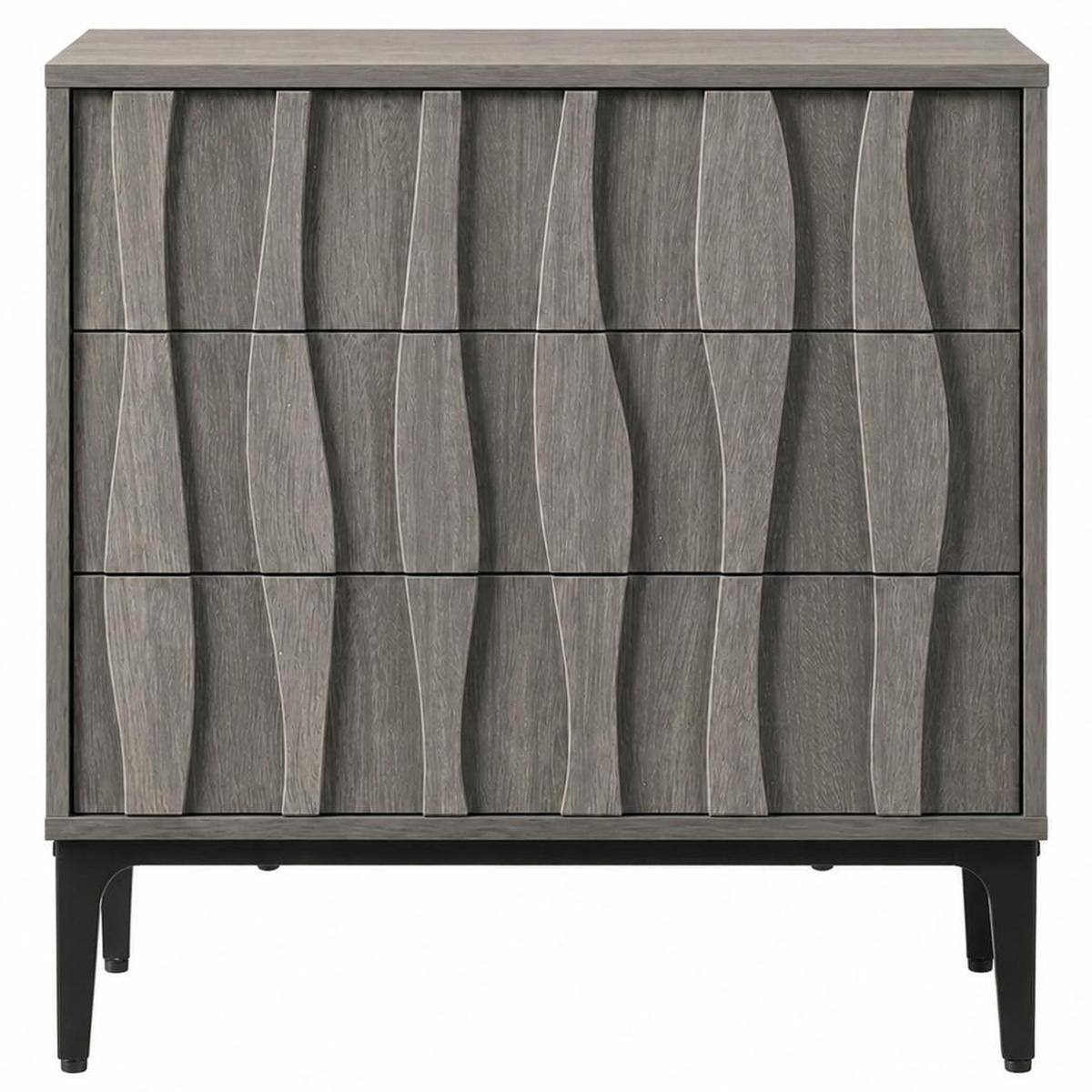 26" Gray Wood Carved Abstract Three Drawer Nightstand