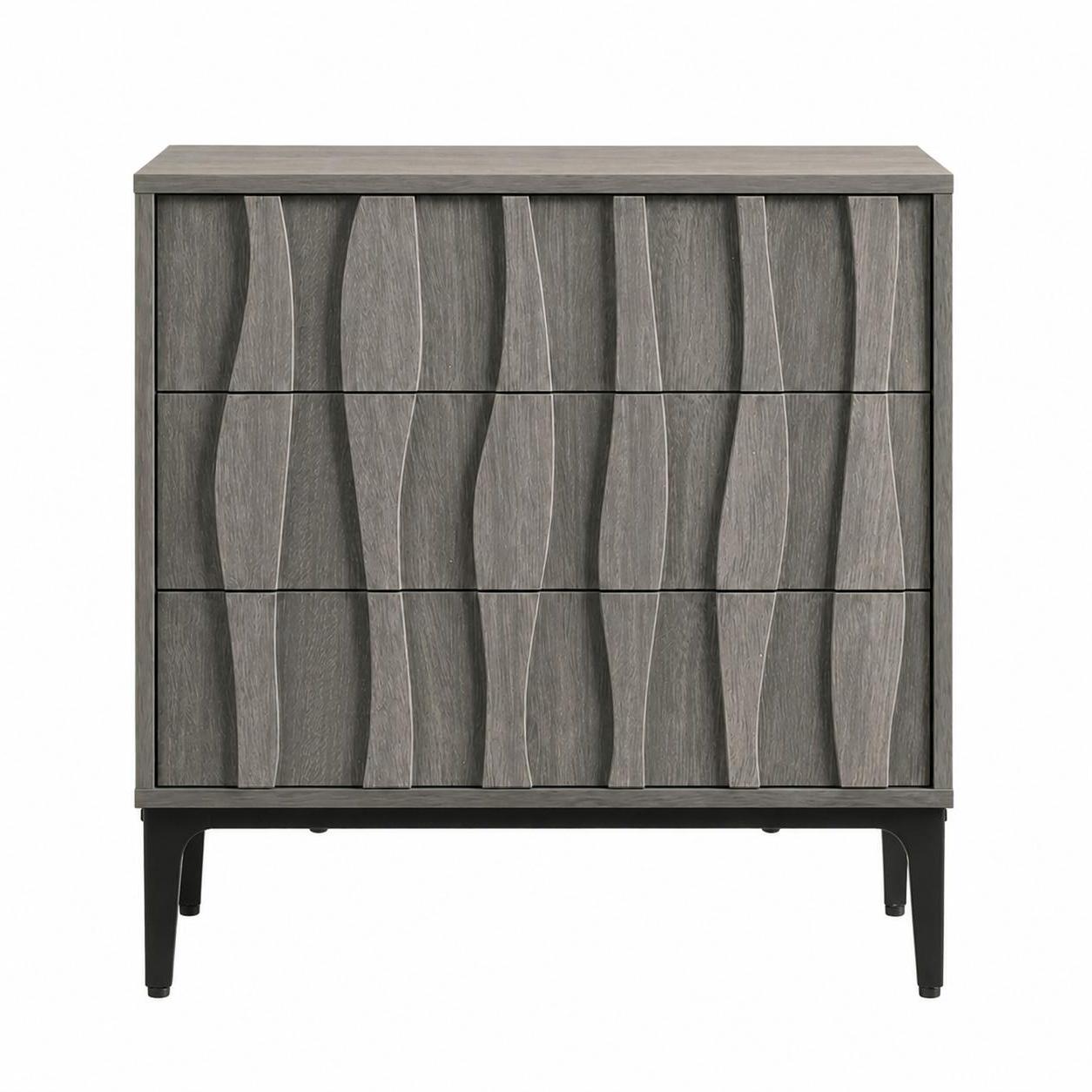 26" Gray Wood Carved Abstract Three Drawer Nightstand