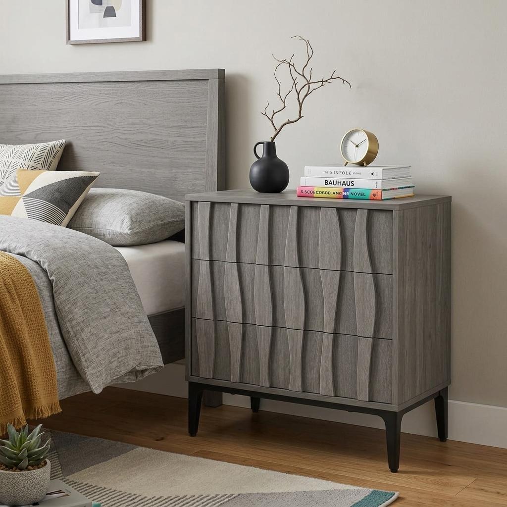 26" Gray Wood Carved Abstract Three Drawer Nightstand
