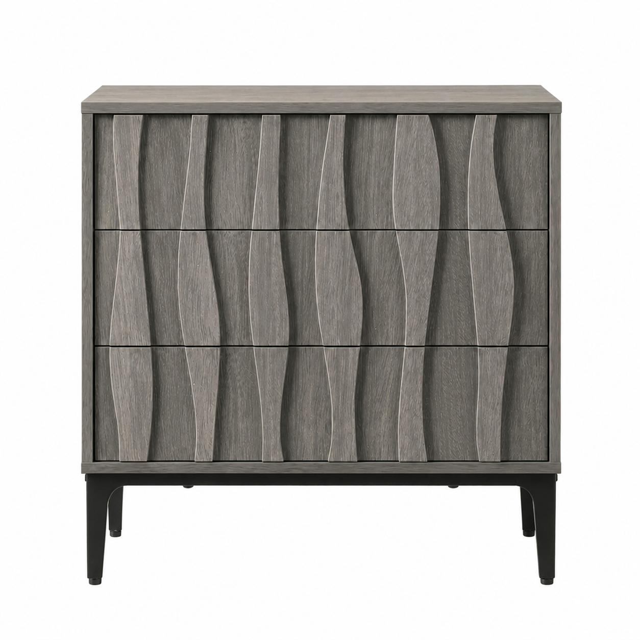 26" Gray Wood Carved Abstract Three Drawer Nightstand