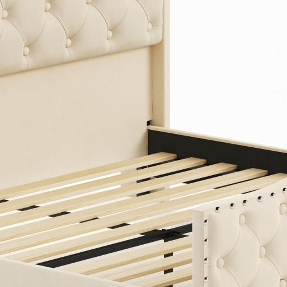 Beige Tufted Velvet Upholstered Queen Bed Frame With Lights USB And Shelves